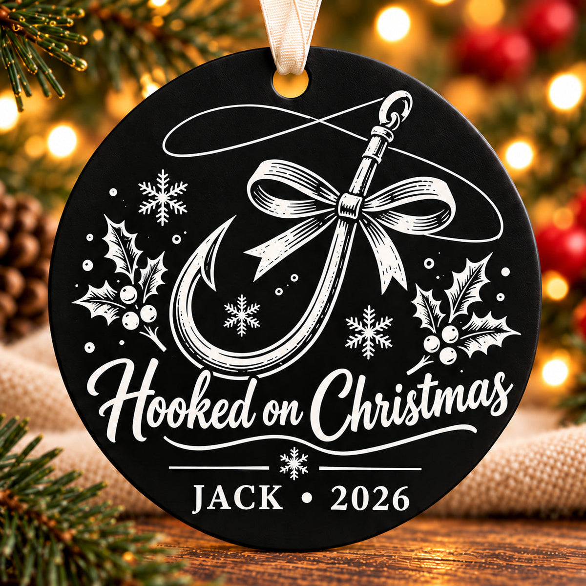 hooked on christmas black metal Christmas fishing ornament photo 1