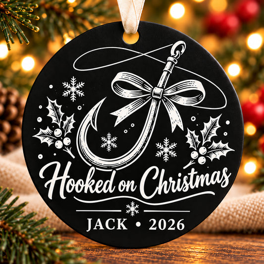 hooked on christmas black metal Christmas fishing ornament photo 1