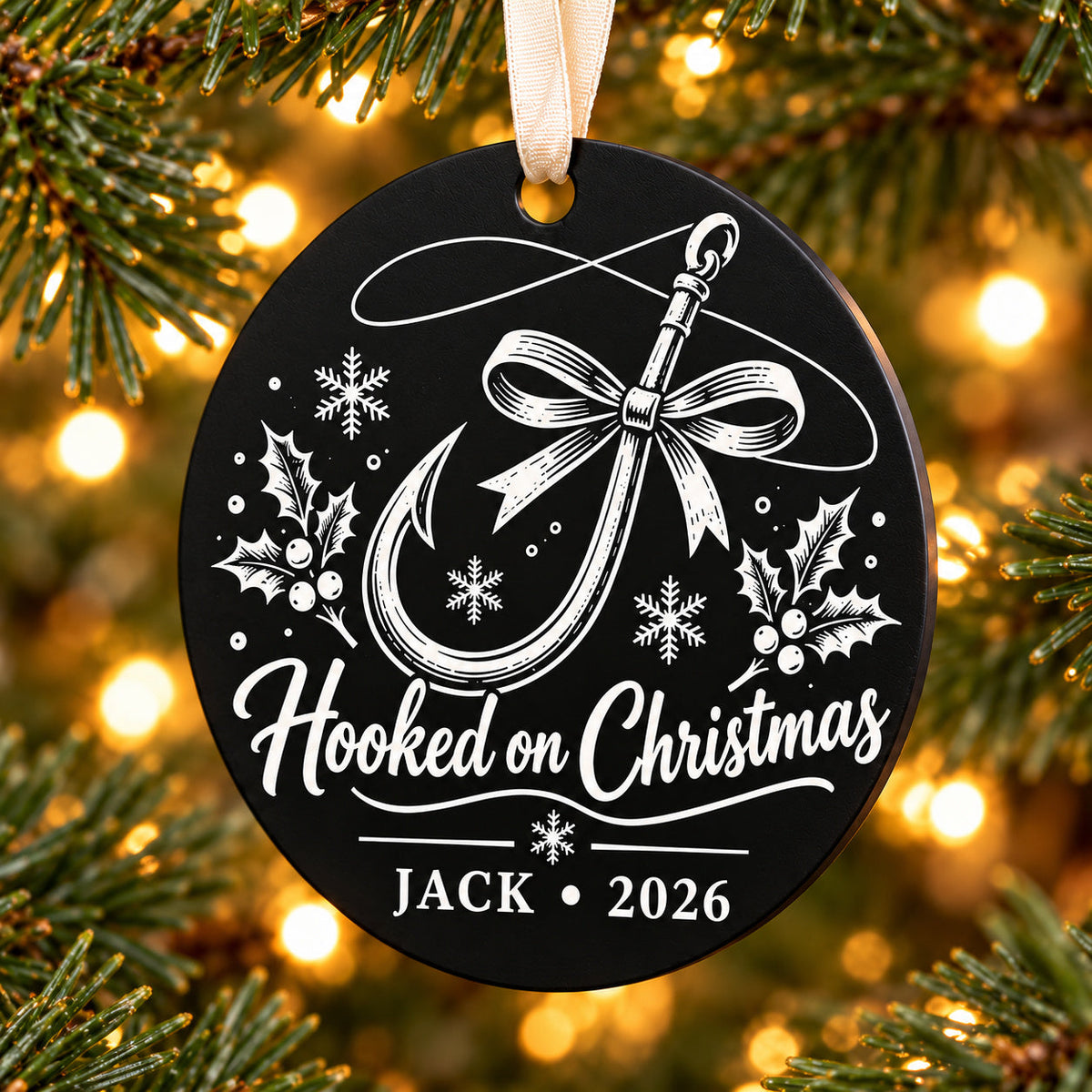 hooked on christmas black metal Christmas fishing ornament photo 3