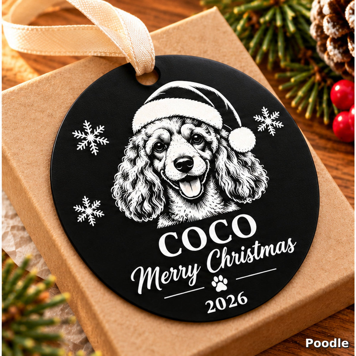 Personalized engraved Poodle Christmas ornament — view 2