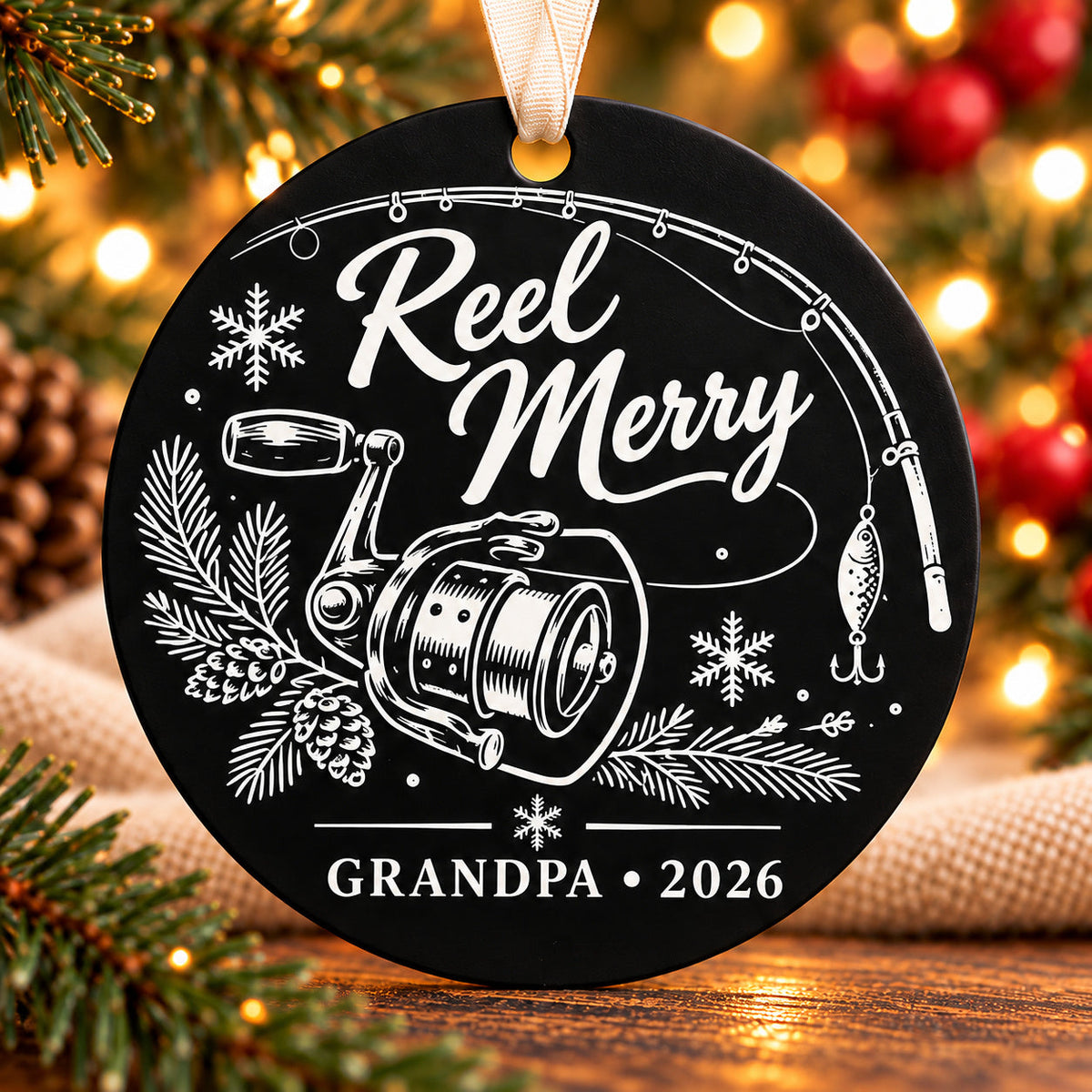 reel merry black metal Christmas fishing ornament photo 1
