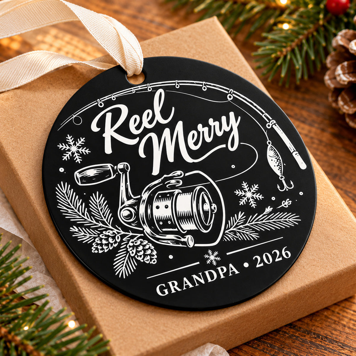 reel merry black metal Christmas fishing ornament photo 2