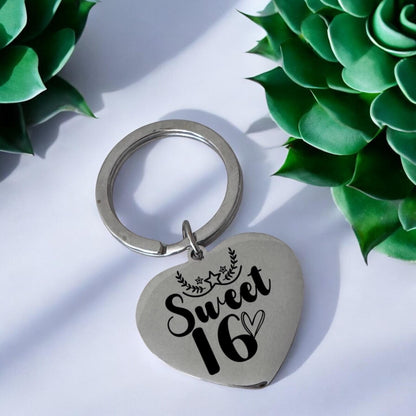 Sweet 16 Heart Keychain | Personalized Stainless Steel Heart Keychain | Personalized Gift